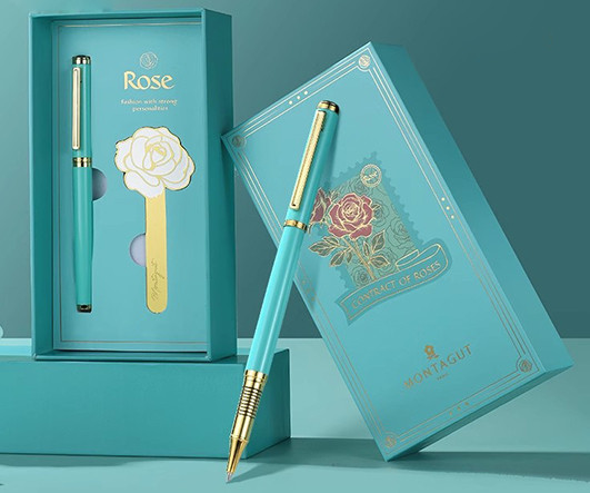 Ручка в футляре  TJ-83 Montagut (син) 0.5мм, роллер, Бирюзовая с золотом, металлический корпус, с метал закладкой в к/к M901A (1/20)