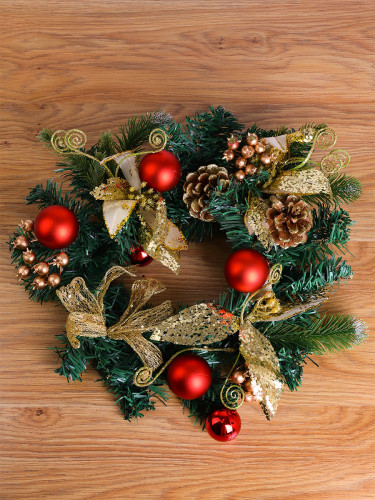 Новогодний венок с красными шариками и золотыми цветами 22 см НУ-4919 Новогодний венок с красными шариками и золотыми цветами 22 см НУ-4919