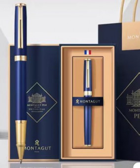 Ручка в футляре  TJ-76 Montagut (син) 0.5мм, роллер, Синяя матовая с золотом, металлический корус, с колпачком, в к/к М301-1 (1/20)
