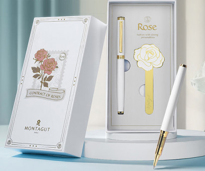 Ручка в футляре  TJ-86 Montagut (син) 0.5мм, роллер, Белая с золотом, металлический корпус, с метал закладкой в к/к M901A (1/20)(1/20)