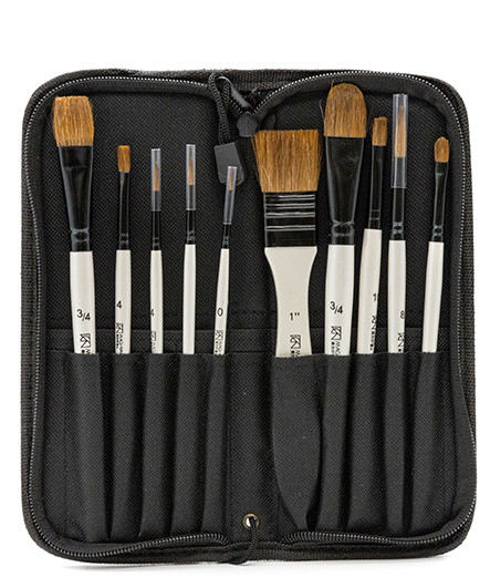 Кисти набор 10 шт. пони, для акварели, в черном пенале на молнии №BRW1026 CI-6  (1/1/40)