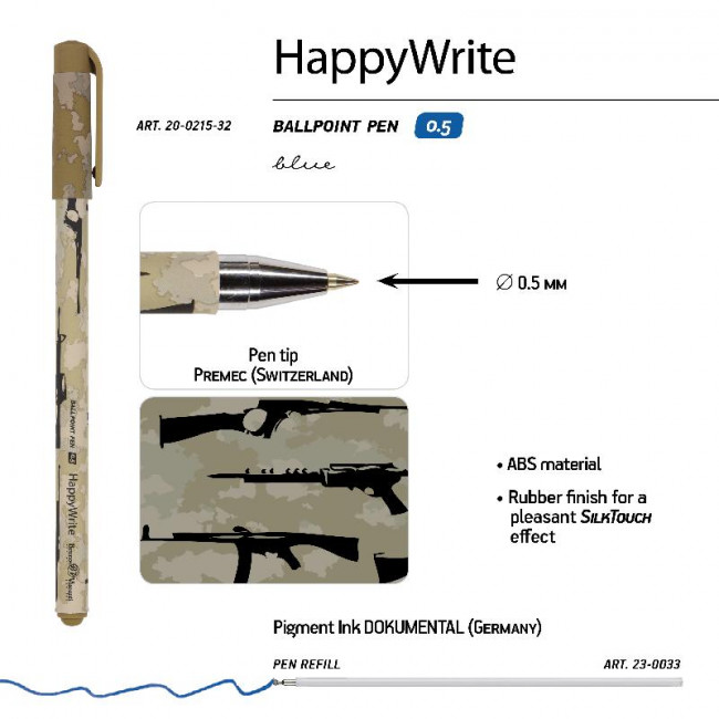 Ручка шариковая 0,5мм синяя "HappyWrite. Военный паттерн. Оружие", BV/20-0215/32 (24)