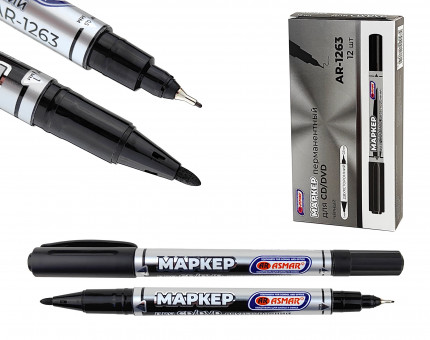 Маркер 1,0-0,5мм для CD/DVD перманентный двухсторонний тонкий, черный, Asmar (12)