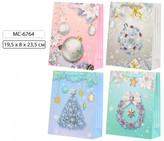 Подарочный пакет 19,5*8*23,5 см "Новогодние", плотный, с блёстками, Basir/МС-6764 (20)