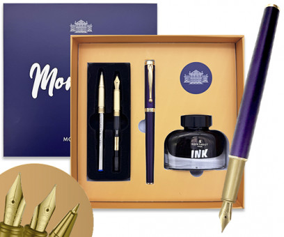 Ручка в футляре 0.5мм синяя перьевая, металлический корпус, поршневая + чернила 30мл, сменное перо, сменная ручка роллер со стержнем, TJ-26 Montagut