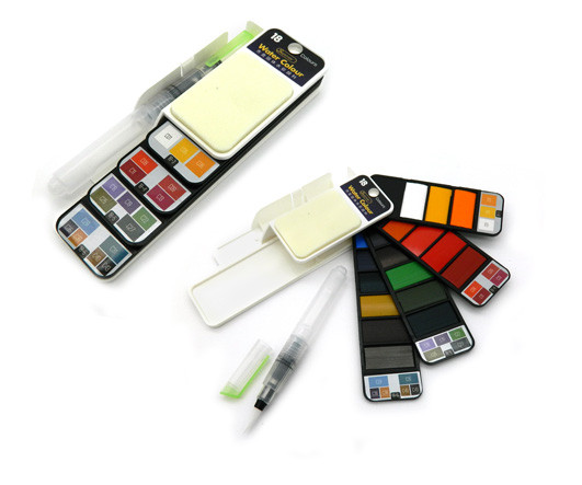 Краска  акварель 18 цв. CA-23 "Веер" ЧЕРНЫЙ, кисточка с резервуаром для воды в комплекте, палитра, губка, в упаковке ПВХ (1/1/60)