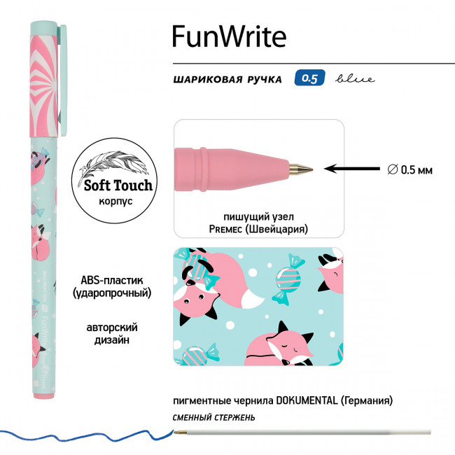 Ручка шариковая 0,5мм синяя "FunWrite. Lolipop Лисички", BV/20-0212/63 (24)