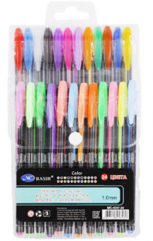 Набор гелевых ручек: ароматизированные, неон; частично с блёстками, чёрный пластиковый корпус с цветной вставкой, цветной колпачок /в цвет чернил/, упаковка с европодвесом, толщина пишущего наконечника 1,0mm, 24 цвета.