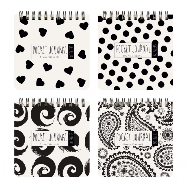 Блокнот 10,5 х 10,5см 60л клетка "Pocket Journal. Black&White", на гребне, BV/3-654/01 (24)