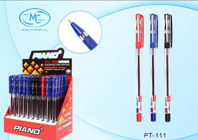 Ручка с чернилами на масляной основе "Piano Finegrip" 3 цв. прозрачный корпус,игольчатый стержень, резиновый держатель, прозрачный колпачок с цветным клипом, /3 цв.:35-син,10-чёр,5-красн./,0,5 mm.