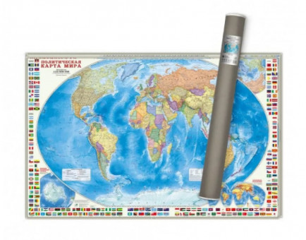 Карта настенная "Мир Политический с флагами. М1:24 млн." в тубусе, 124х80 см, Геодом/4660136221449