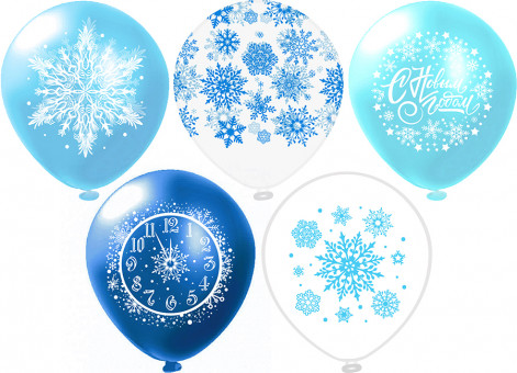 Шар12'' шелк рис. 2ст.+5ст. Праздник НГ. Снежинки 5 дизайнов, 25 шт, БК Микрос/Ч48646