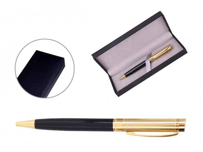 Ручка шариковая с поворотным механизмом ARGOS BG в подарочной упаковке , СИНЯЯ, чернила на масляной основе, пулевидный пиш. узел 0.7 мм, цветной металлический корпус (сочетание черного и золотистого цветов) , сменный стержень 97 мм типа Parker