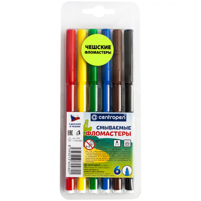 Фломастеры Centropen "Washable", 06цв., смываемые, блистер (10)