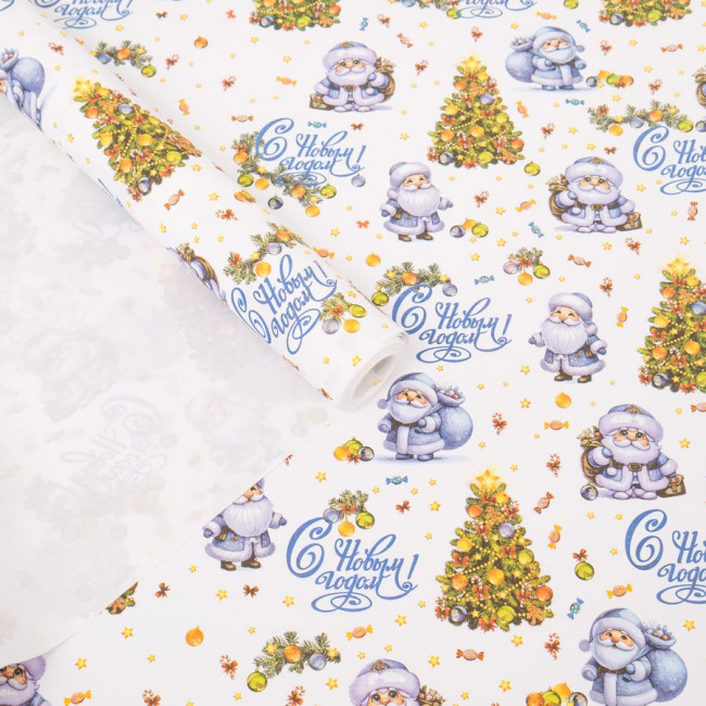 Бумага крафт 70гр/м2, 68см х 10м, "Дед Морозы" на белом фоне, Микрос/тв213130