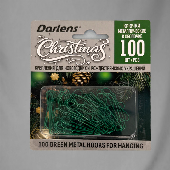 КРЮЧКИ ДЛЯ НОВОГОДНИХ УКРАШЕНИЙ, DARLENS, С-ОБРАЗНЫЕ, МЕТАЛЛ, 100 ШТ, 3,5 СМ, ЗЕЛЕНЫЙ, DL-DRL08166