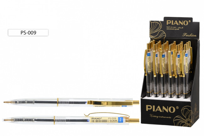 Автоматическая шариковая ручка:"Piano" с чернилами на масляной основе, прозрачный корпус, клип золотистого цвета, цвет чернил синий, толщина пишущего узла 0,7 mm.