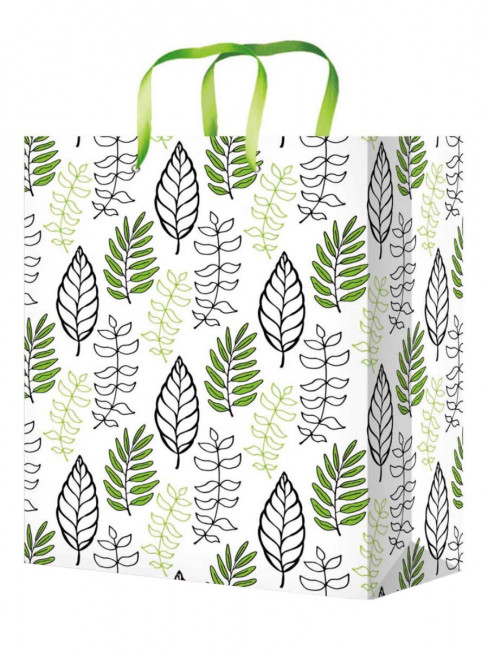 Пакет подарочный "Зелёные листья" с глянц.лам 18x23x10см (М), 157г, MILAND/ПКП-4235 (12)