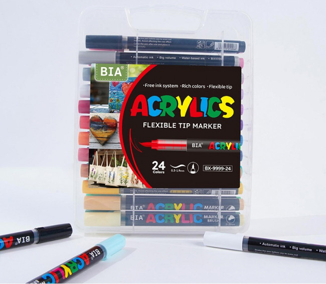 Набор акриловых маркеров ACRYLICS PREMIUM, кисть, 24 цв., в пластиквом пенале, BX9999-24