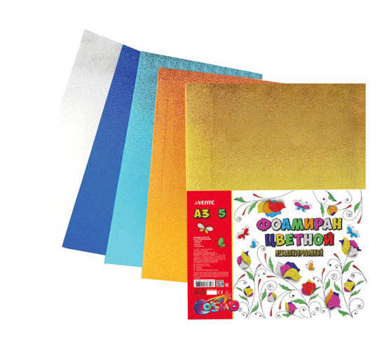 Фоамиран цветной металлизированный A3 "deVENTE" 5 цв, 5 л, толщина 2 мм, пластиковый пакет с европодвесом