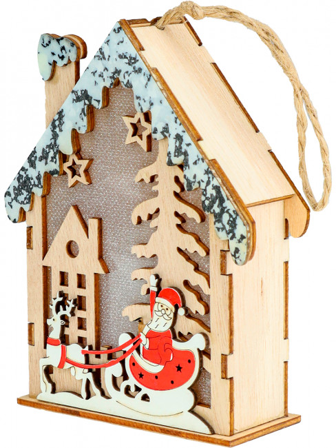 Подвеска деревянная "Сказочный домик" 14*12.5*2.5см, led-подсв., на батар., MILAND/НУ-7021