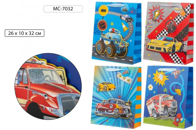 Подарочный пакет 26*10*32см "Машины", плотный, с объёмной аппликацией, с блёстками, Basir/МС-7032 ((20)