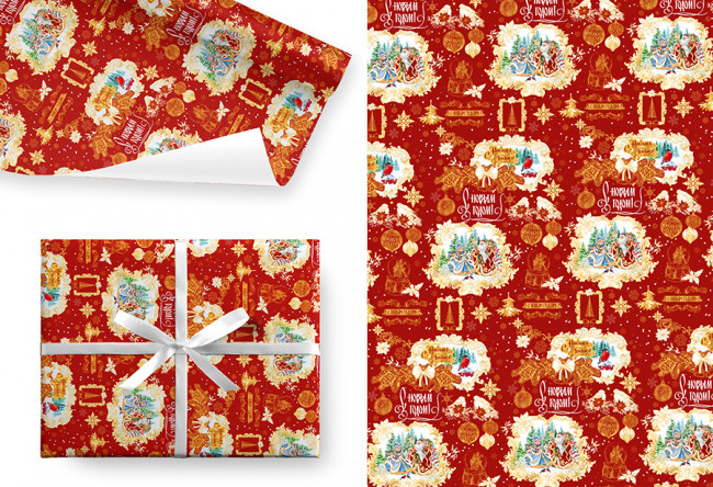 Бумага подарочная 80гр/м2, 99см х 68см, "Дед Мороз и Снегурочка", глянцевая, 5шт, Микрос/Ч44668