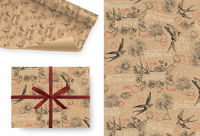 Бумага подарочная крафт 78гр/м2, 100см х 70см "Ласточки", Микрос/Ч44693 (5)