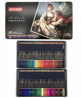 Карандаши 72 цв. Nyoni CD-406/NY-10 акварельные, деревянные, заточенные, в металлической коробке, кисть синтетика в комплекте N2872 (1/3/24)