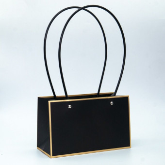 Сумка-кашпо картон с ручками 22х10,5см, H=13,5см, HH=34см, черная с золотым кантом