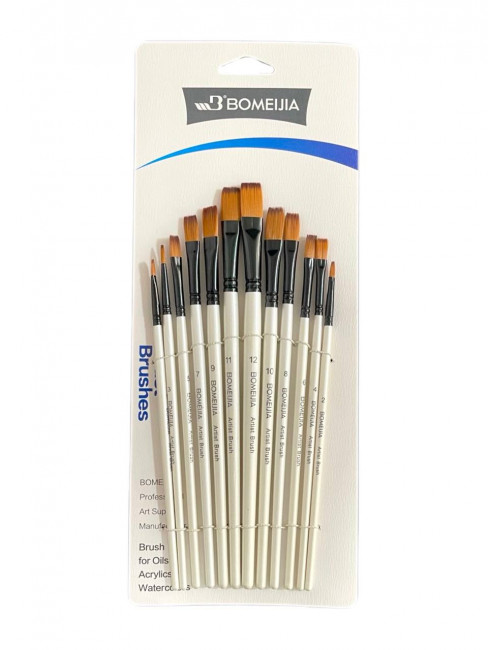 Кисти набор 12 шт. синтетика, плоские (№1,2,3,4,5,6,7,8,9,10,11,12) белая ручка, Bomeija/A7001F