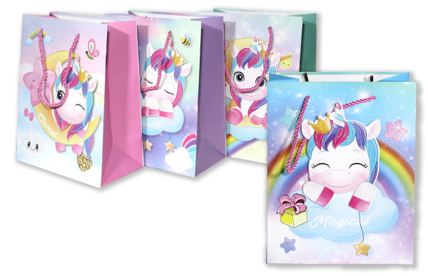 ПАКЕТ ПОДАРОЧНЫЙ " ЕДИНОРОГ" 18*23*10 АССОРТИ С БЛЕСКОМ, ОБЪЕМНЫЙ РИСУНОК (12)