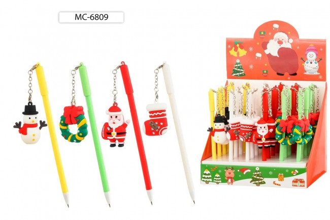Ручка шариковая синяя "НОВОГОДНИЕ" колпачок со съёмным брелоком- Снеговик, сапог, венок, Дед Мороз, МС-6809/Basir (30)