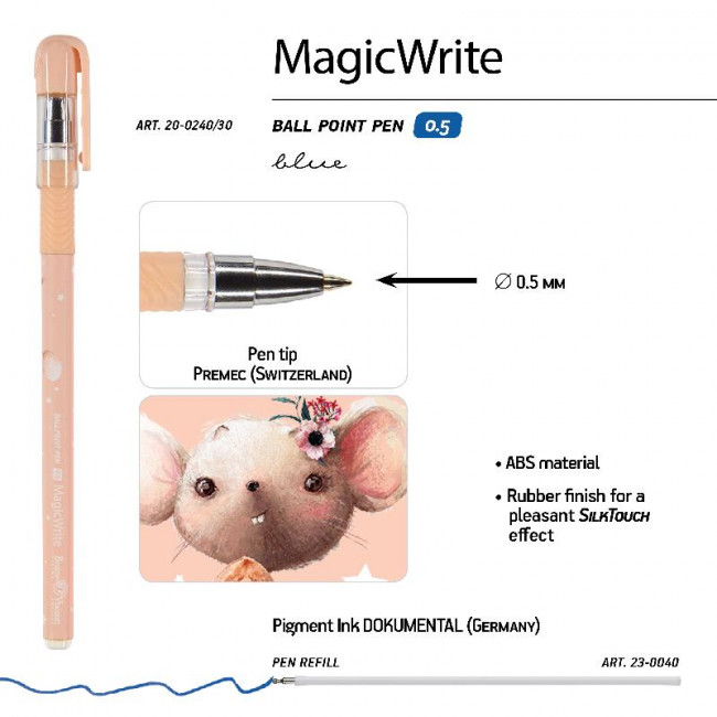 Ручка шариковая 0,5мм синяя "MagicWrite. Forest Dream. Мышка с орешком", BV/20-0240/30 (24)