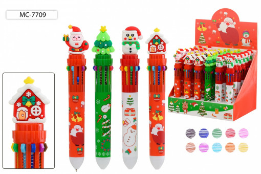 Авторучка 10-ти цветная, детская; "НОВОГОДНИЕ", прорезиненный наконечник-Дед Мороз, домик, Снеговик, ёлка, Basir/МС-7709 (36)