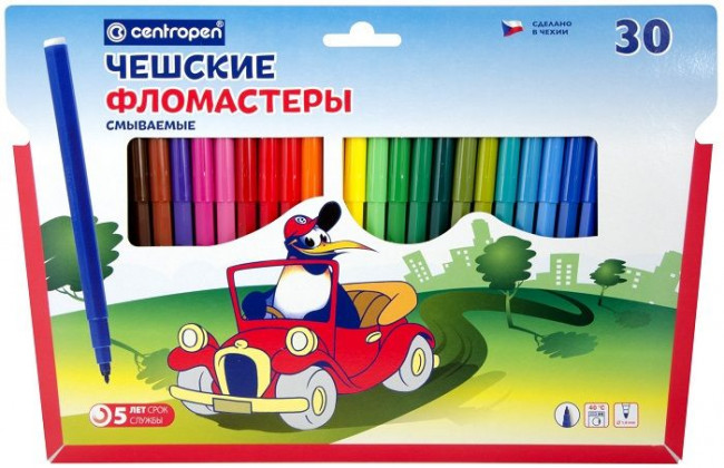 Фломастеры 30цв. Centropen "Пингвины", шестигранные, смываемые, уп. картон