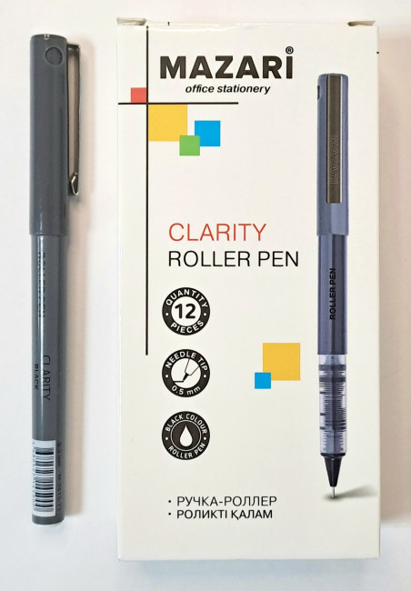 Ручка-роллер CLARITY, ЧЁРНАЯ, игольчатый пиш.узел 0.5мм, корпус пластиковый, карт. уп. Mazari Ручка-роллер CLARITY, ЧЁРНАЯ, игольчатый пиш.узел 0.5мм, корпус пластиковый, карт. уп. Mazari