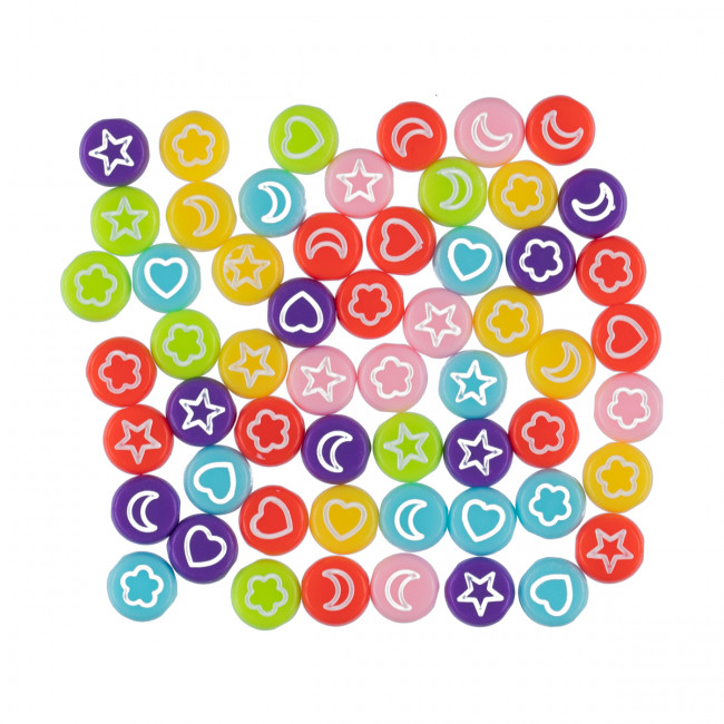 Бусина 4 х 7мм, пластик, №01 цветные/белые символы, 50 шт, Hobbius/ABFB-03 №01