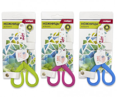 Ножницы детские   INTELLIGENT DK-216 130мм "Happy" с овальными пластиковыми ручками, в чехле, ассорти, на блистере (3/12/720)