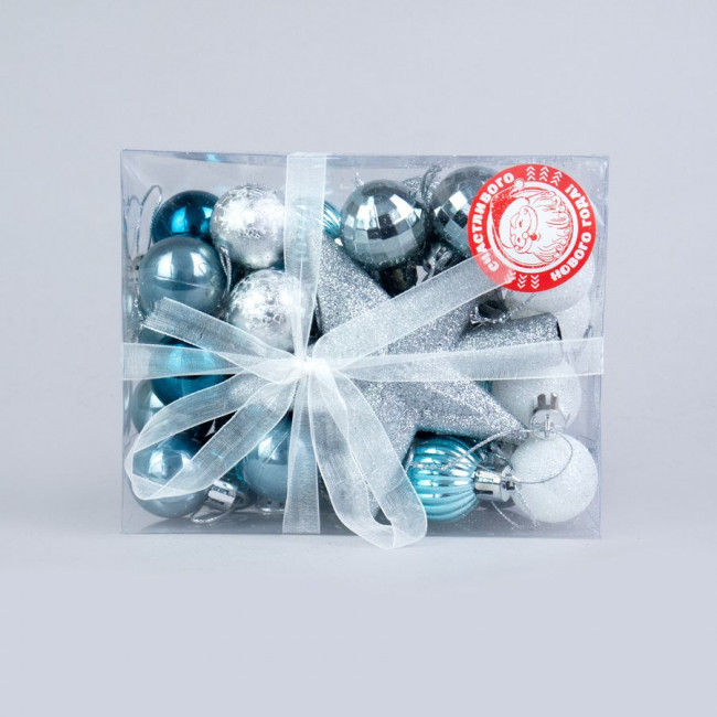 Набор елочных украшений шары - 2,5см + звезда10см, голубое ассорти, 30 шт, Микрос/ч43874