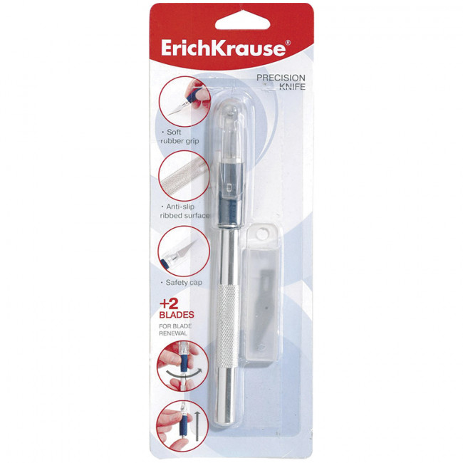 Нож-скальпель канцелярский Erich Krause, металлический корпус, 3 лезвия в комплекте, европодвес Нож-скальпель канцелярский Erich Krause, металлический корпус, 3 лезвия в комплекте, европодвес