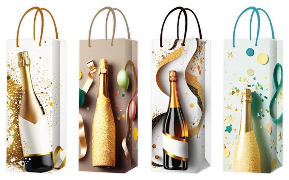 Пакет 12*35*9см подарочный "Праздничные искры"  на бутылку, цвет ассорти, 6989 (12)