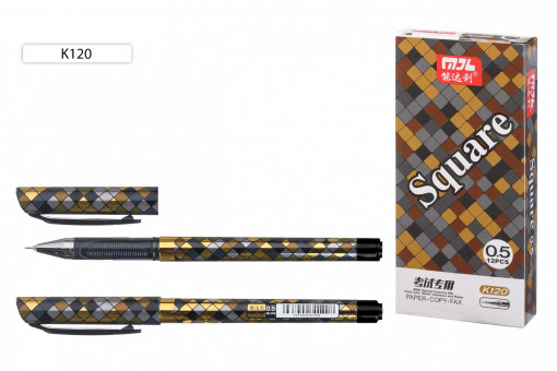 Гелевая ручка: "Square"; корпус чёрного цвета с цветным рисунком-серые, золотые ромбики, рифлёный держатель; чёрная, иголчатый наконечник, 0,5mm (12)