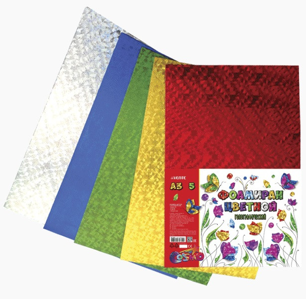 Фоамиран цветной голографический A3 "deVENTE" 5 цв, 5 л, толщина 2 мм, пластиковый пакет с европодвесом
