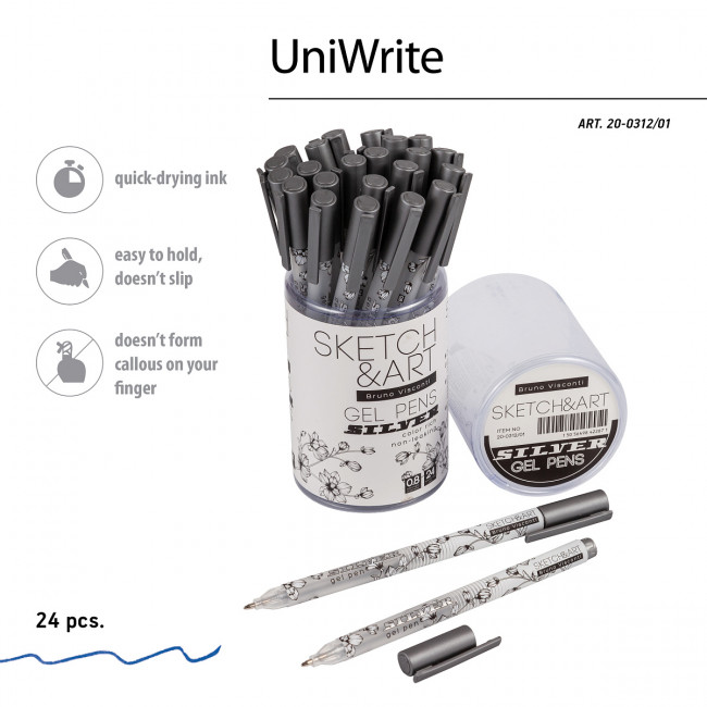 Ручка гелевая 0,8мм серебряная "Sketch&Art. UniWrite. Silver", для скетчинга, BV/20-0312/01 (24)