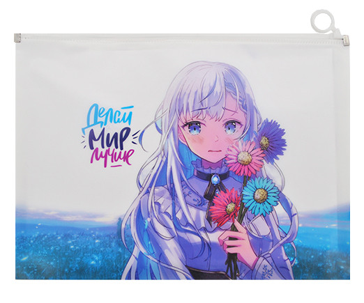 Папка на молнии А-4  CZ-216 "Аниме" 32.5х24.5см, белый пластик с рисунком (12/720)