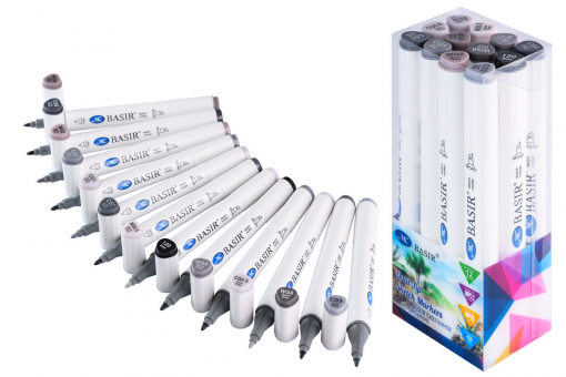 Набор скетчмаркеров 1,0-7,0 mm 12 цв МС-5188-12-1 "Grey" холодные и тёплые серые тона; двусторонние, Basir