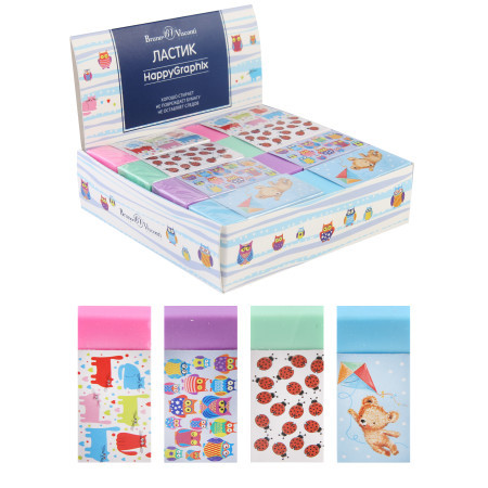 Ластик 45х23х10мм "HappyGraphix", 4 цвета ассорти, BV/42-0007 (24)