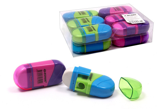 Точилка одинарная с контейнером, цветная + ластик, Asmar/AR-932 (12)