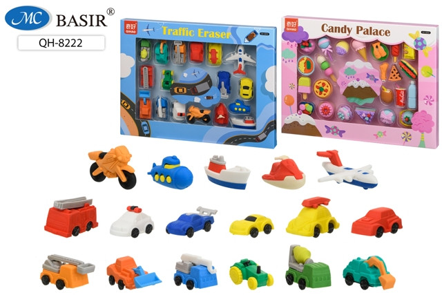 Ластик-игрушка /конструктор/: "ТРАНСПОРТ и ЕДА"; выполнен в форме машин, самолетов, корабликов, сладостей,  и т.д./ассорти/, в картонной упаковке /28*21 см/ по 17 и более шт.